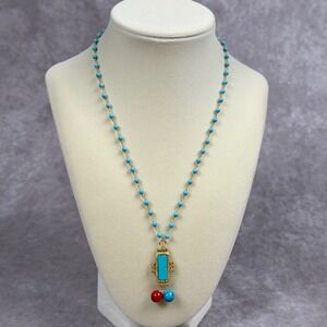 Freida Rothman Turquoise Coral Bead Pendant Necklace 14K Gold over Sterling BOHO